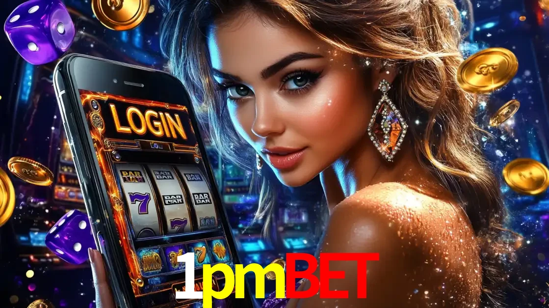 Mulher glamorosa segurando um smartphone com a tela de login para os jogos de caça-níqueis do cassino online 1pmbet, com moedas de ouro e dados ao redor.