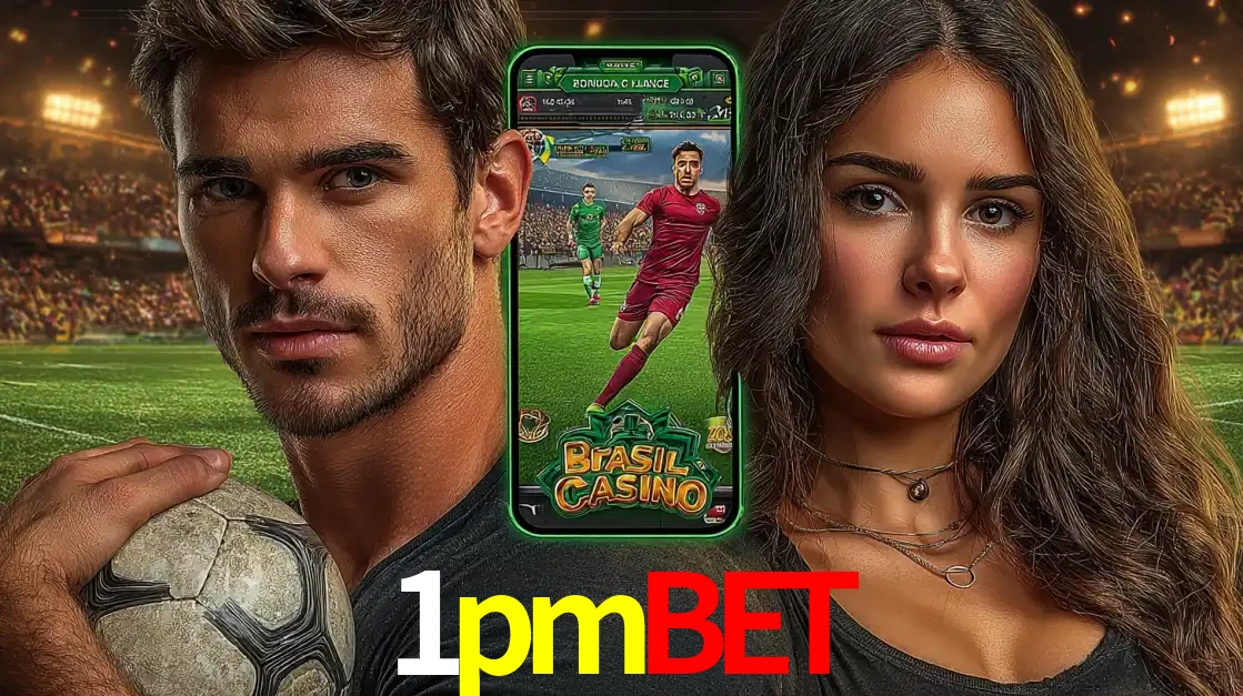 Homem segurando uma bola de futebol e uma mulher ao lado de um smartphone exibindo o jogo de apostas esportivas da 1pmbet. Faça seu palpite no cassino online.